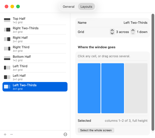 The Layouts tab of Window Organizer Settings. A list of layouts on the left shows Top Half, Right Two-Thirds, Right Half, Right Third, Bottom Half, Left Third, Left Half and Left Two-Thirds. The editor on the right shows a 3-across by 1-down grid with the first two columns highlighted, labelled 'columns 1–2 of 3, full height'.